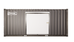 High cube shipping container side view with installed roll-up door framing kit and white roll-up door, featuring 'The Container Guy' logo on the left panel
