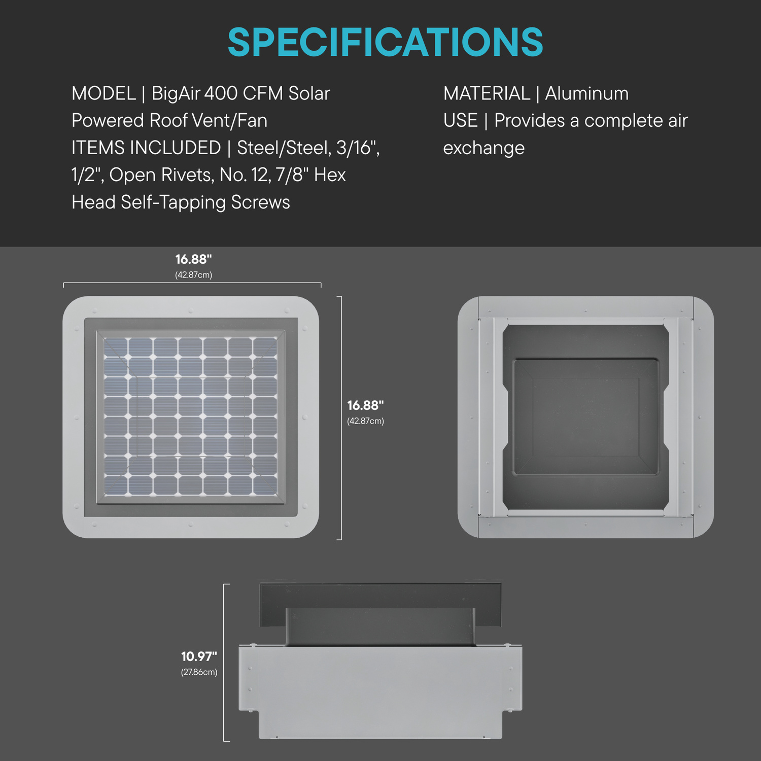 BigAir 400 CFM Solar Powered Roof Vent/Fan
