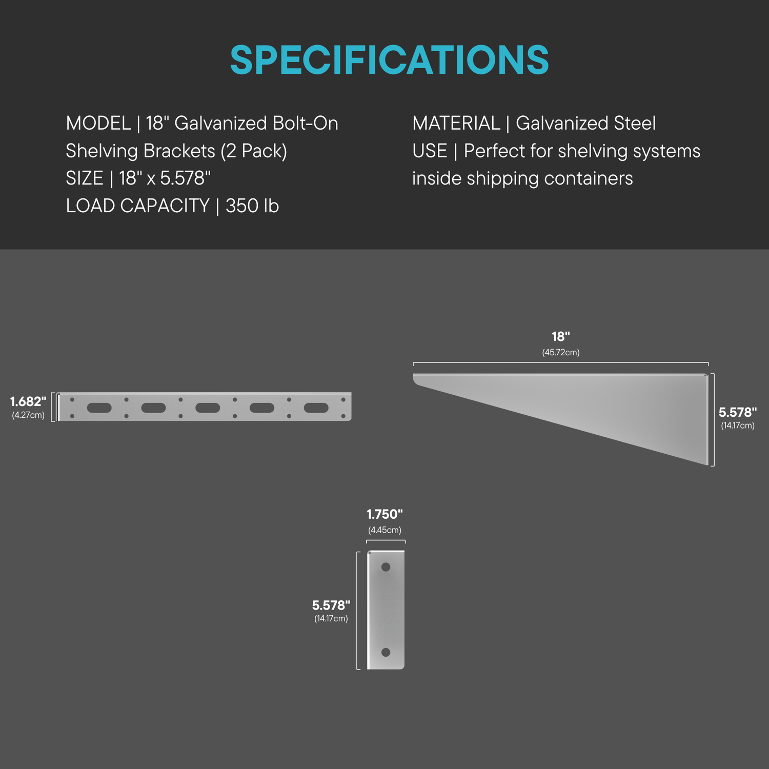 18″ Galvanized Bolt-On Shelving Brackets (2 Pack)