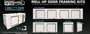 Marketing flyer showing various roll-up door framing kits for standard and high cube shipping containers. Includes product options for 20 ft, 40 ft sidewalls and end walls, model compatibility (Janus 650 Series), rough opening sizes, brush seal option, and ordering details for US and Canadian customers. Features illustrations of installed kits and door configuration variations.