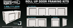 Marketing flyer showing various roll-up door framing kits for standard and high cube shipping containers. Includes product options for 20 ft, 40 ft sidewalls and end walls, model compatibility (Janus 650 Series), rough opening sizes, brush seal option, and ordering details for US and Canadian customers. Features illustrations of installed kits and door configuration variations.