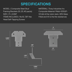 Detailed diagram illustrating the dimensions of the composite steel stud bracket, designed for precise fit with steel studs in shipping container interiors.

