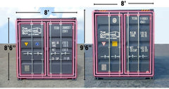 Side-by-side comparison of standard (8'6") and high cube (9'6") 8-foot wide shipping containers, outlined in pink to highlight door frame dimensions for proper seal fitment.