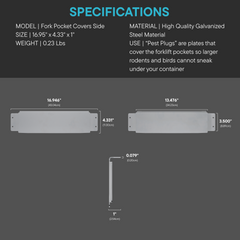 Technical diagram showing dimensions of side fork pocket covers for shipping containers, including measurements for side, door end, and end wall plug components