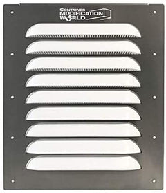 Close-up view of the BigAir 45 Louvered Container Vent featuring a rust-resistant aluminum frame and horizontal louvers, branded with the Container Modification World logo.