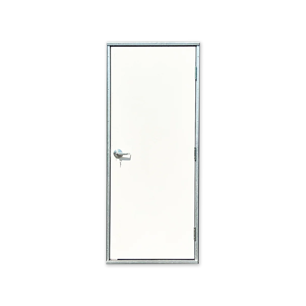 A white fiberglas/composite man door with a silver galvanized steel frame, featuring a door lever, sweep, and hinges.