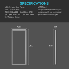 Steel man door frame with dimensions and specifications for container installation, providing secure and easy access to shipping containers.