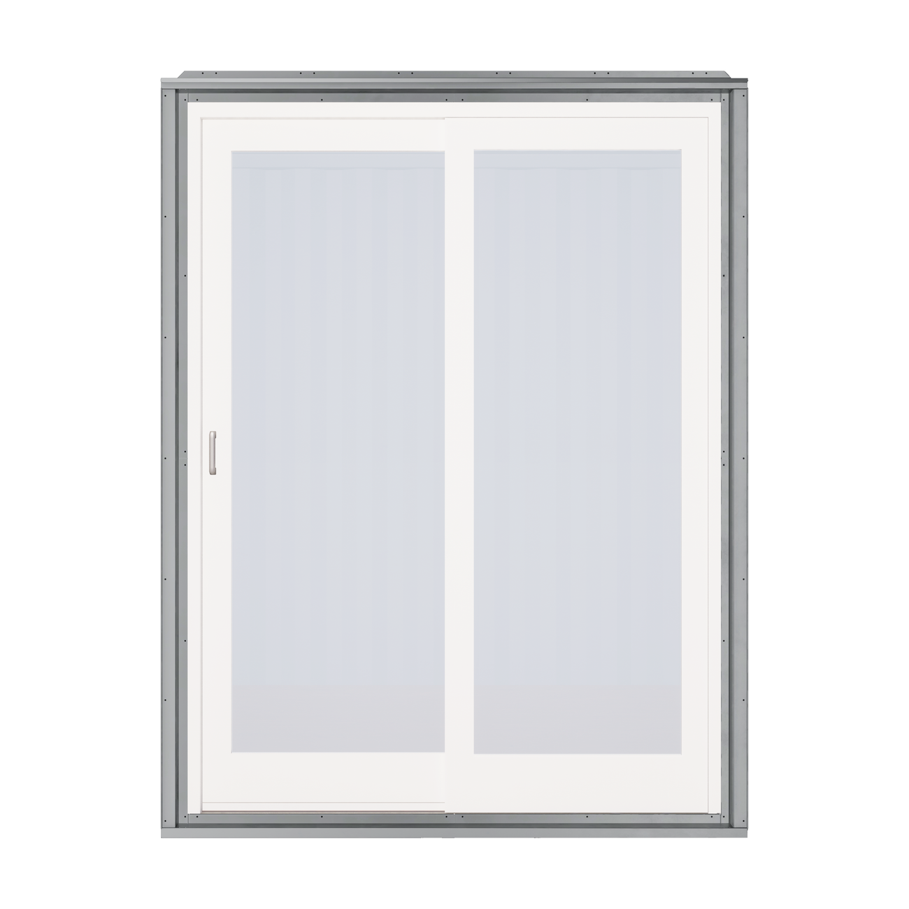 Sliding patio door set including galvanized steel frame and glass door, designed for seamless integration with shipping container sidewalls