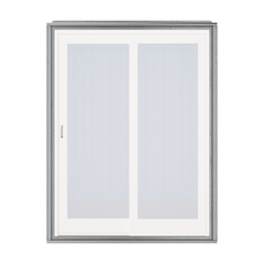 Sliding patio door set including galvanized steel frame and glass door, designed for seamless integration with shipping container sidewalls