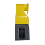 Side profile of a yellow Quick Attach Skid mounted on a gray steel base block, showing the solid metal construction and reinforced flange for secure container rigging.