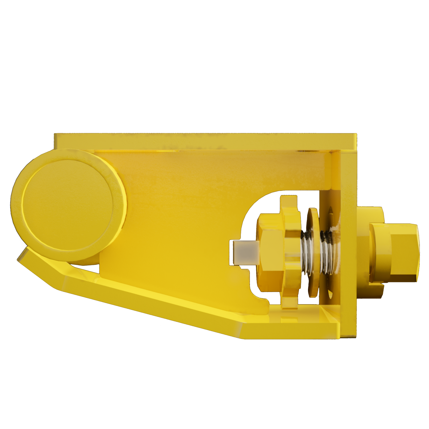 Top-down angled view of a yellow Quick Attach Skid bracket for heavy-duty container rigging, showing reinforced side plate, welded structure, and high-strength bolt and washer assembly.