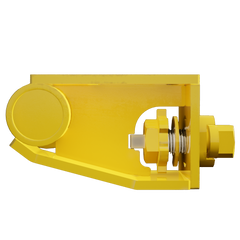 Top-down angled view of a yellow Quick Attach Skid bracket for heavy-duty container rigging, showing reinforced side plate, welded structure, and high-strength bolt and washer assembly.