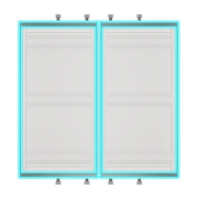 Top-down view of a galvanized steel container door flashing kit installed on a double shipping container door, with clean trim and visible included mounting hardware for a finished interior framing edge
