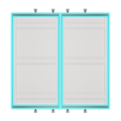Top-down view of a galvanized steel container door flashing kit installed on a double shipping container door, with clean trim and visible included mounting hardware for a finished interior framing edge