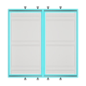 Top-down view of a galvanized steel container door flashing kit installed on a double shipping container door, with clean trim and visible included mounting hardware for a finished interior framing edge