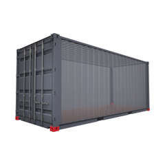 ISO shipping container with red corner castings and a transparent side wall view showing internal structure and flooring, designed for stacking and transport compatibility