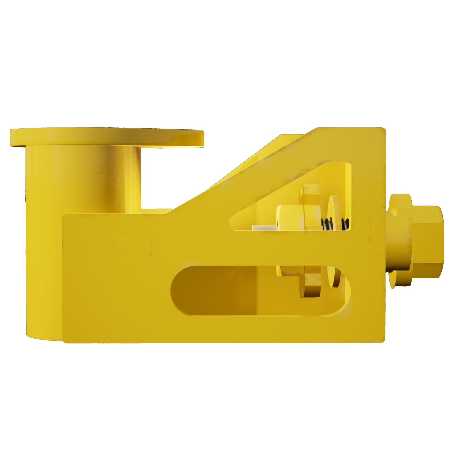 Side view of a yellow powder-coated Quick Attach Skid rigging bracket, showing cutout reinforcement design, large bolt connection, and flat base for secure trailer or container attachment.
