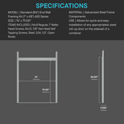 Specifications diagram for standard 7' x 8' end wall roll-up door framing kit with detailed measurements and included hardware for shipping containers
