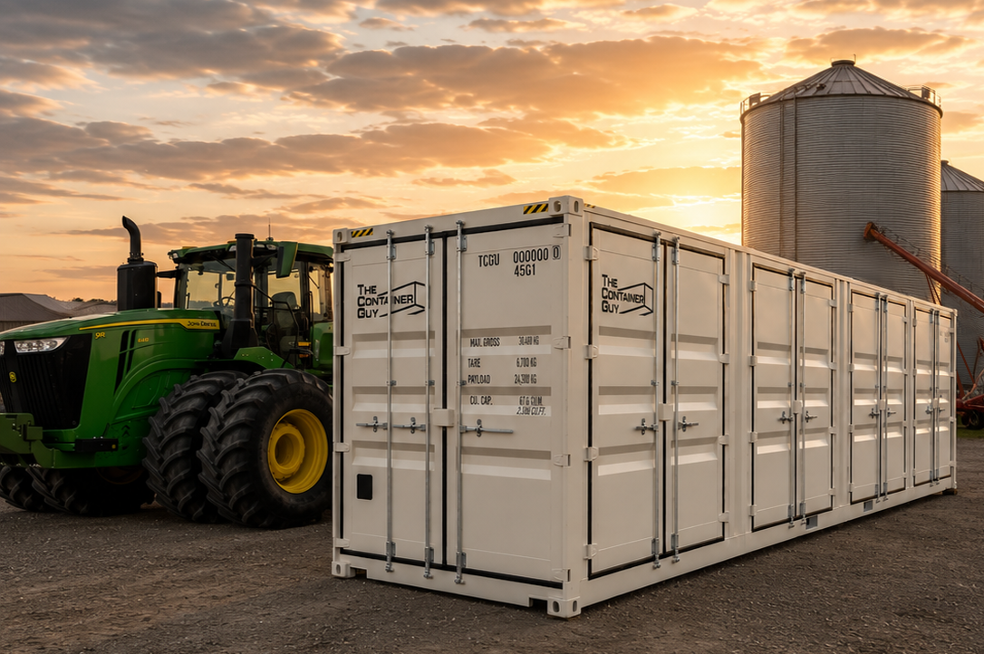 Side-access storage container beside a tractor and grain bins at sunset